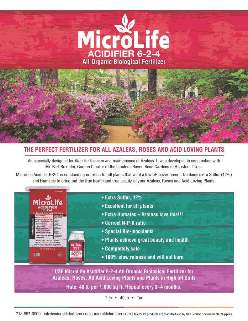 Product Details for MicroLife Acidifier 6-2-4 fertilizer with a garden scene and product packaging.