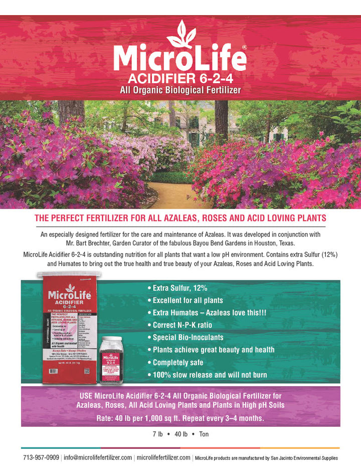 Product Details for MicroLife Acidifier 6-2-4 fertilizer with a garden scene and product packaging.