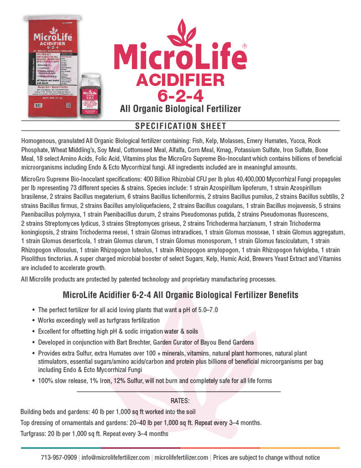 MicroLife Acidifier fertilizer product sheet with text and images of the product packaging.