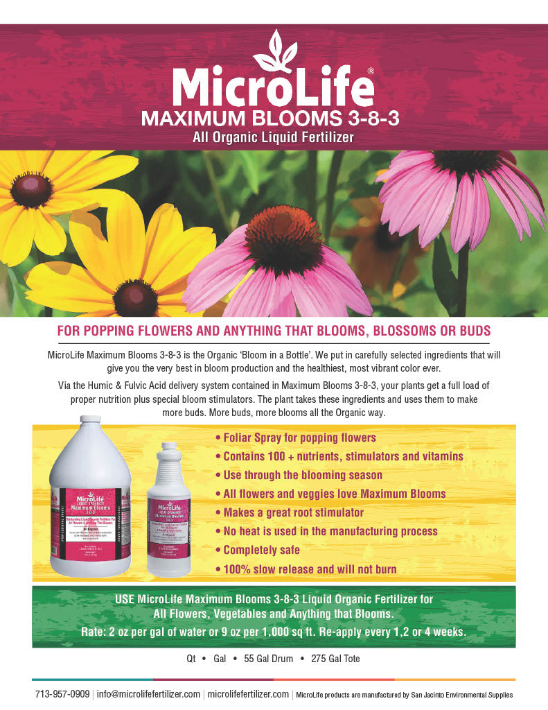 Product information about MicroLife Maximum Blooms fertilizer.