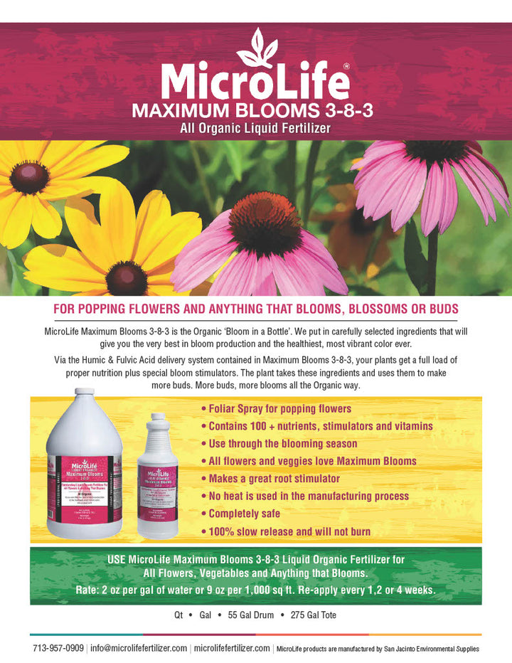 Product information about MicroLife Maximum Blooms fertilizer.