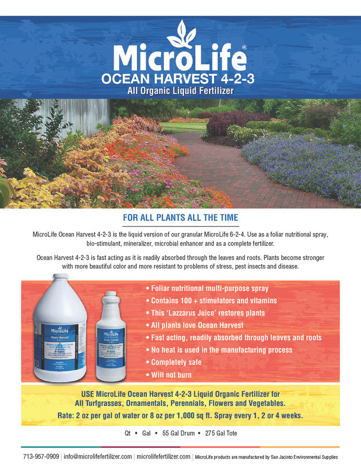 Product Information for MicroLife Ocean Harvest fertilizer with garden scene and product images.