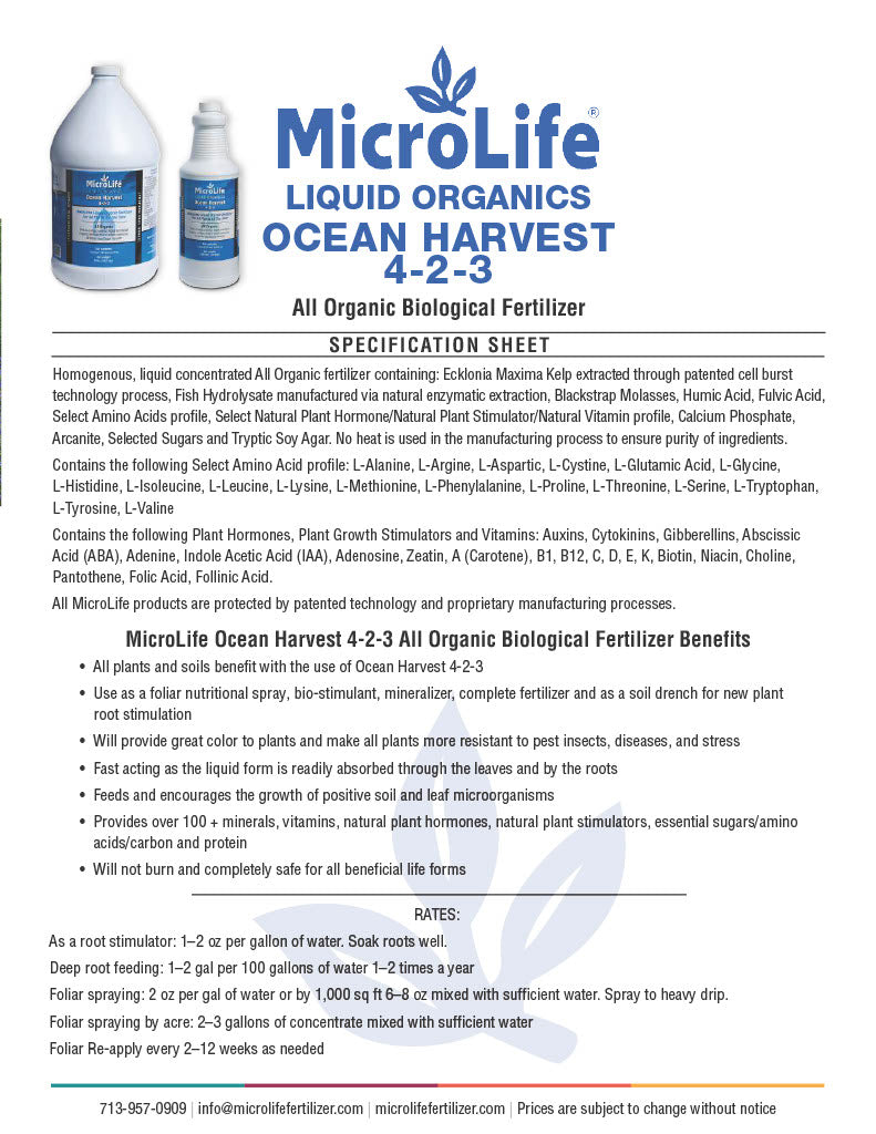MicroLife Liquid Organics Ocean Harvest fertilizer specification sheet with product packaging.