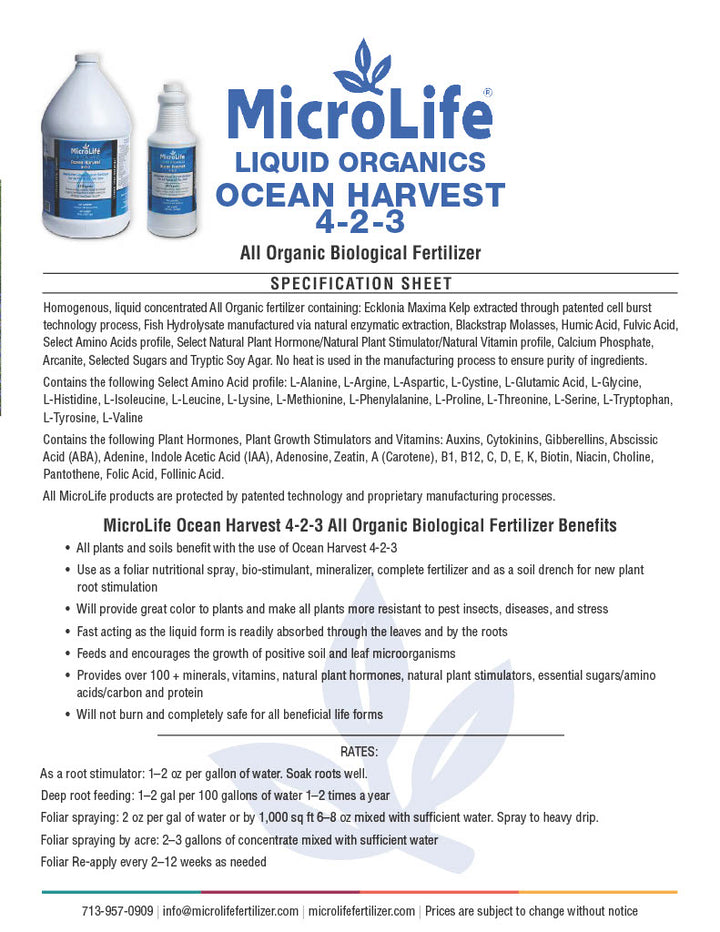 MicroLife Liquid Organics Ocean Harvest fertilizer specification sheet with product packaging.