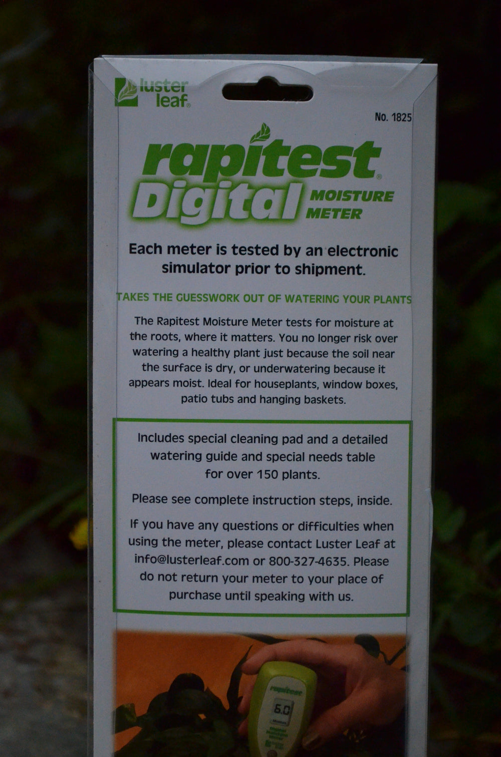 close up of back of package for moisture meter.