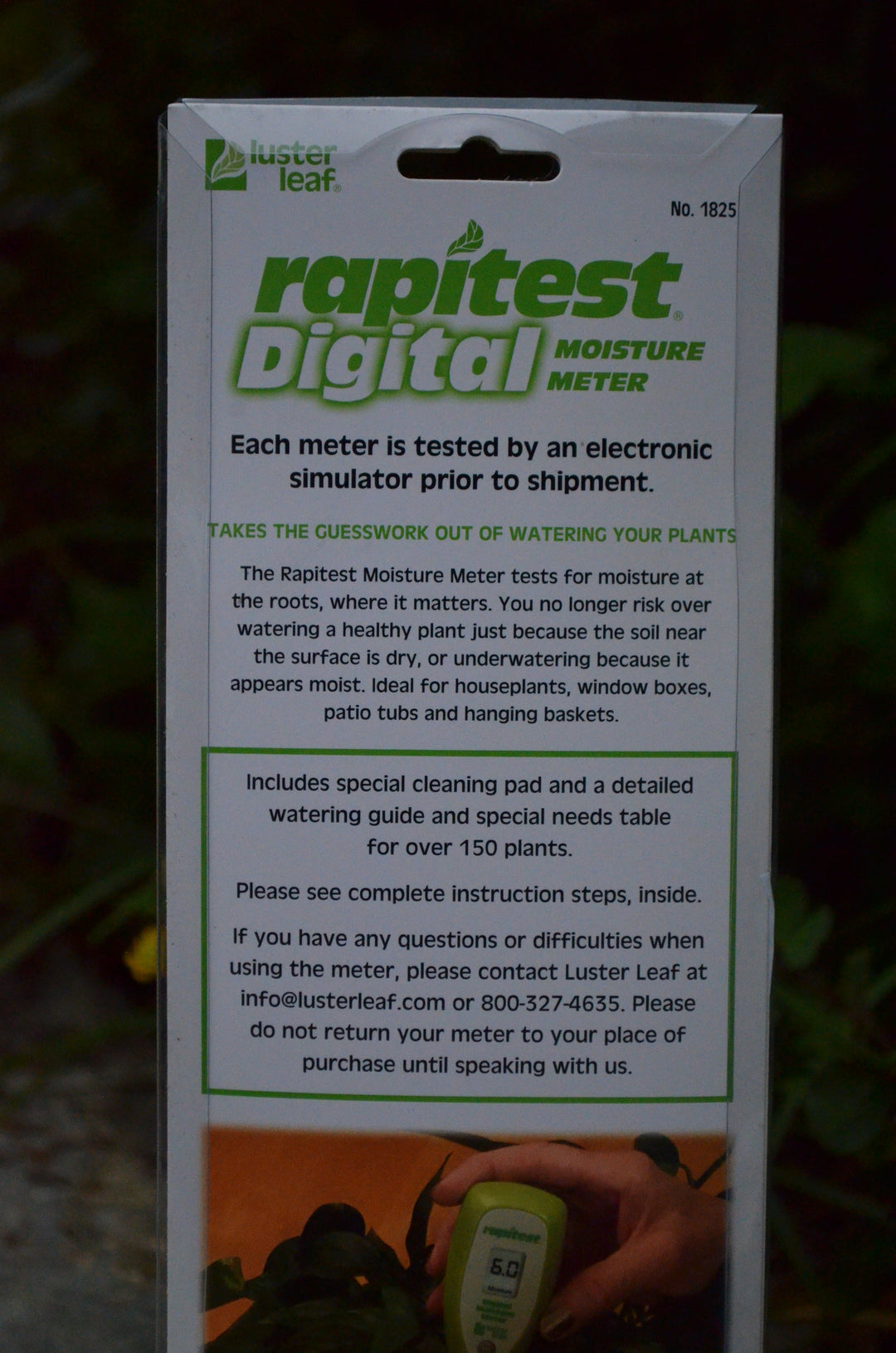 close up of back of package for moisture meter.