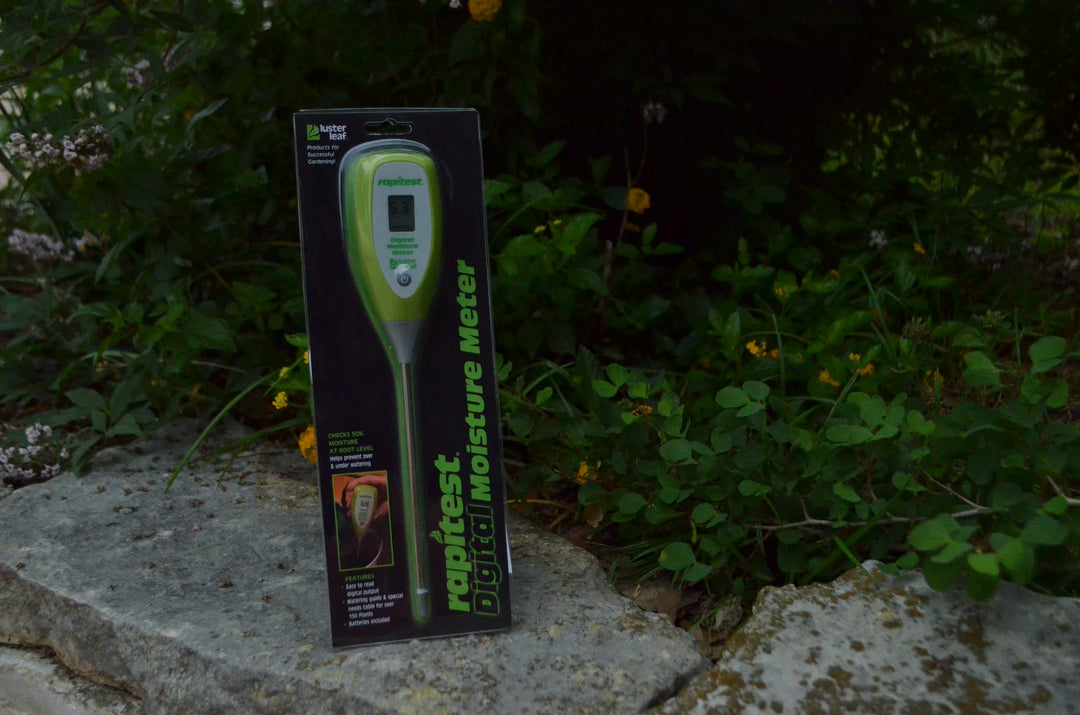 moisture meter in packaging leaning against greenery.