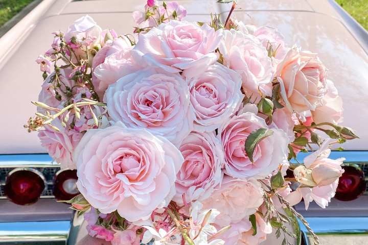Bouquet of ight pink roses called Quietness with vintage car in the background.