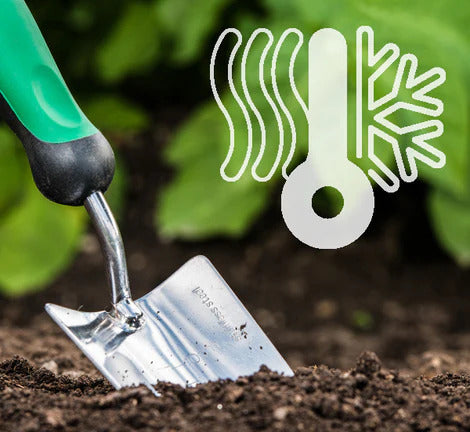 Garden trowel in dirt with overlay icon representing temperatures of hot and cold.