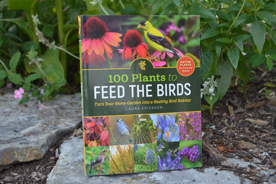 Book titled '100 Plants to Feed the Birds' by Laura Erickson on a garden background.