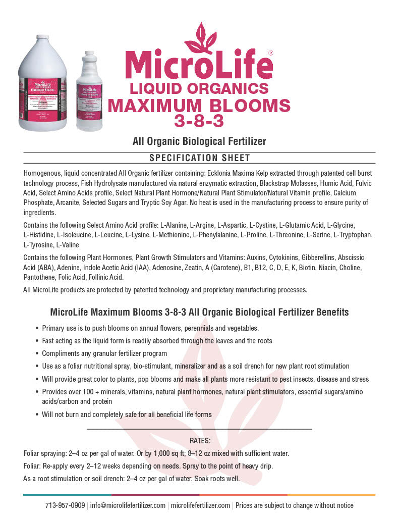 MicroLife Liquid Organics Maximum Blooms fertilizer specification sheet with product images on a white background.