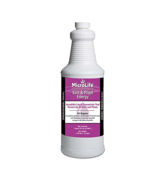 White bottle of MicroLife liquid Fertilizer Soil and Plant Energy with pink label on white background.