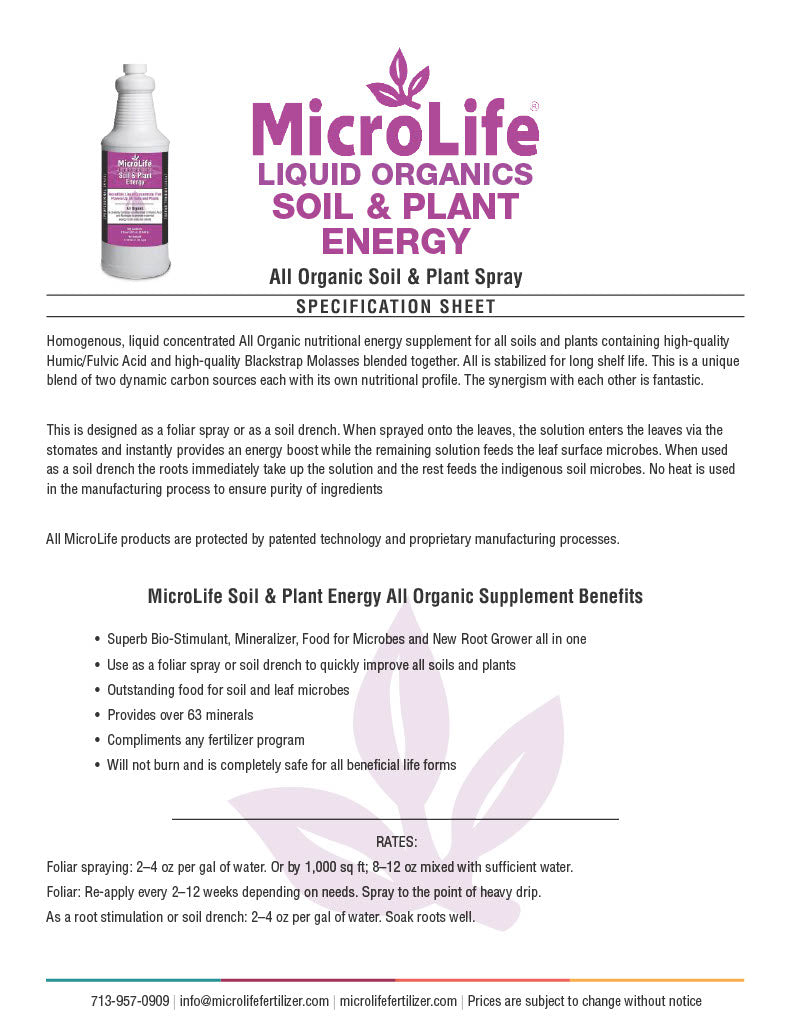 MicroLife Liquid Organics Soil & Plant Energy product specification sheet with a bottle image.
