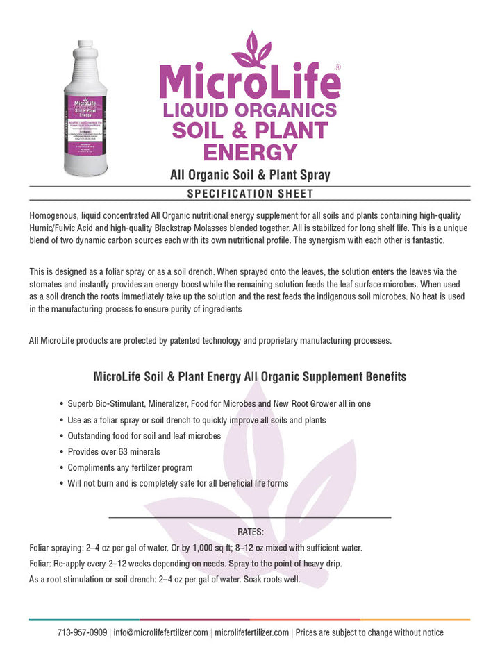 MicroLife Liquid Organics Soil & Plant Energy product specification sheet with a bottle image.