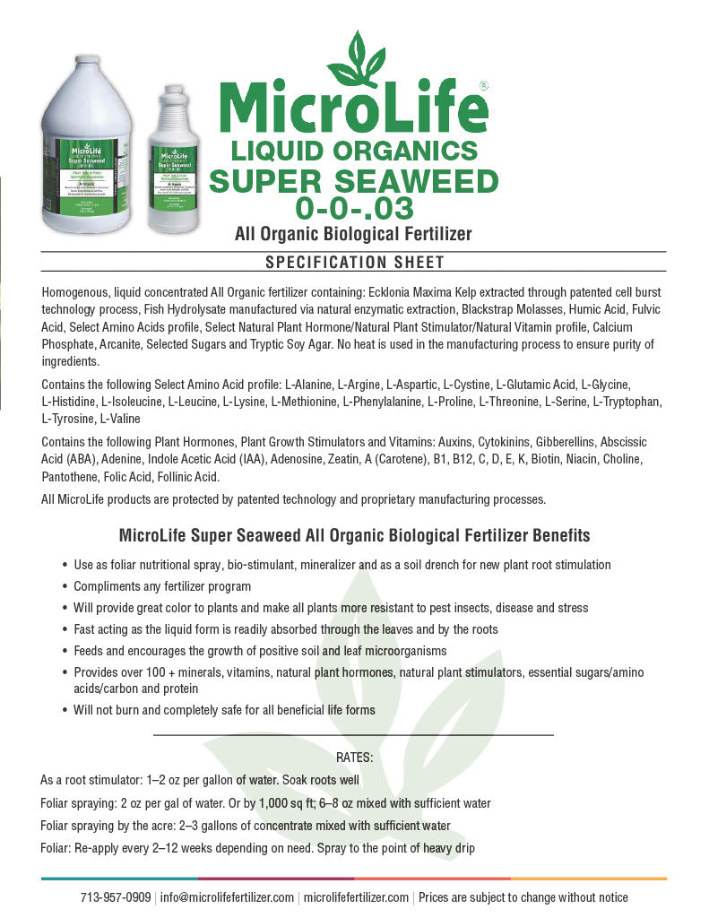 MicroLife Liquid Organics Super Seaweed fertilizer specification sheet with product images.
