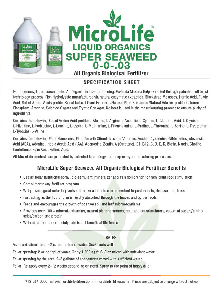 MicroLife Liquid Organics Super Seaweed fertilizer specification sheet with product images.