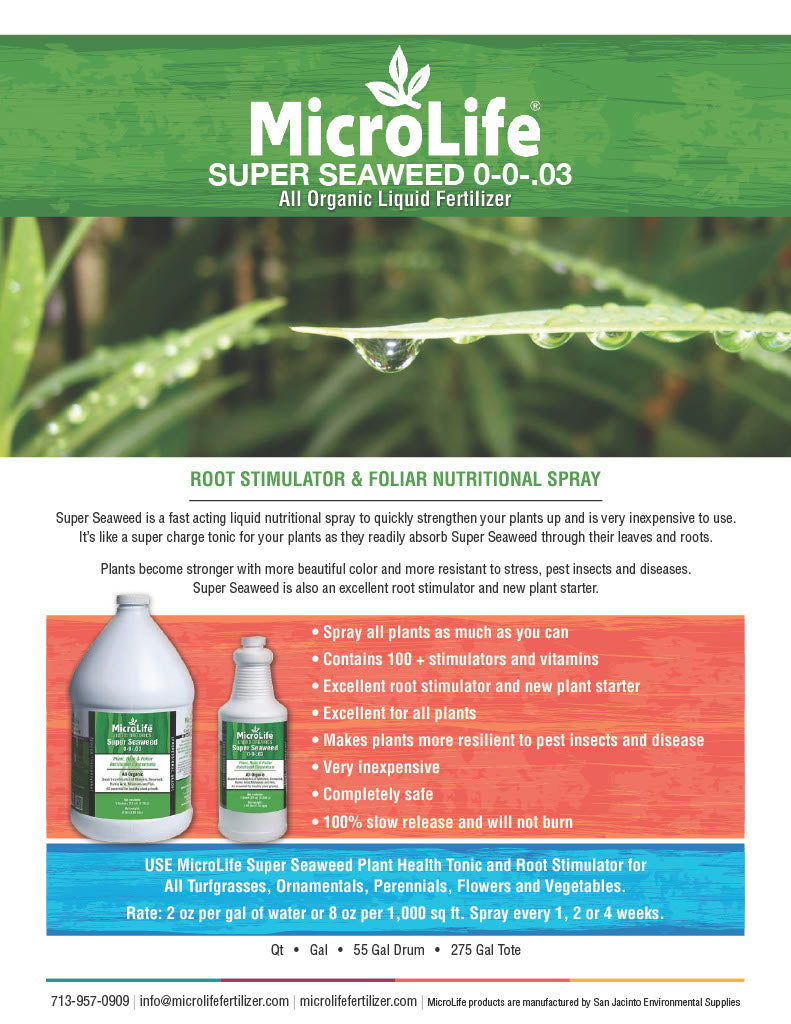 Product Information for MicroLife Super Seaweed fertilizer with product details and usage instructions.